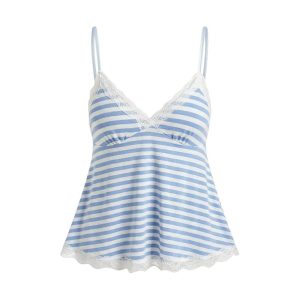 Chic Striped Lace-Trim V-Neck Cami Top – Blue