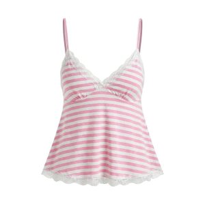 Chic Striped Lace-Trim V-Neck Cami Top – Pink